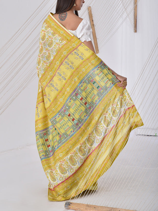 Lime Green Vasansi Silk Printed Saree