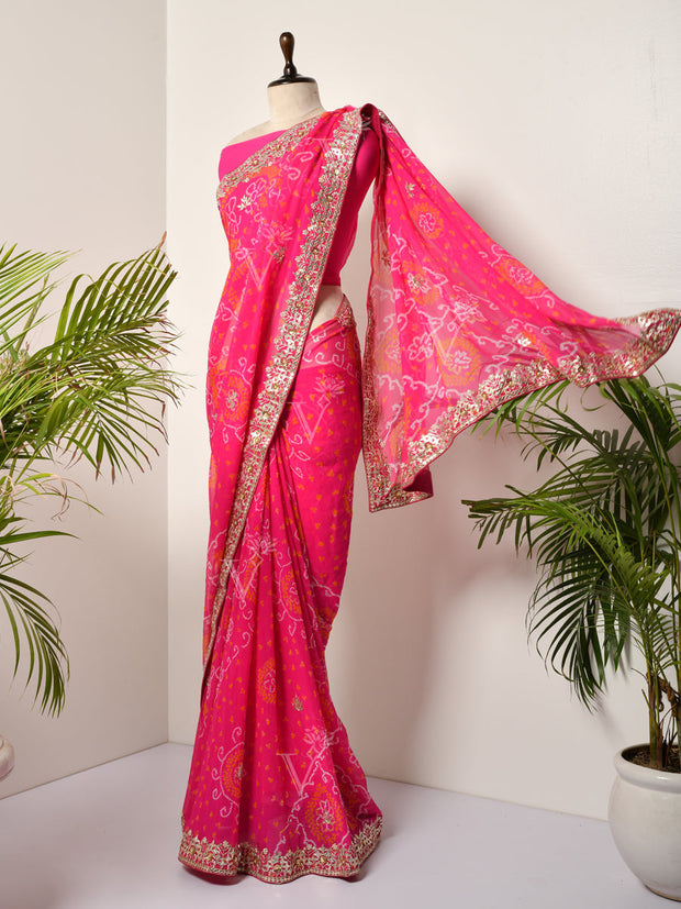 Pink Georgette Bandhani Gotta Patti Saree