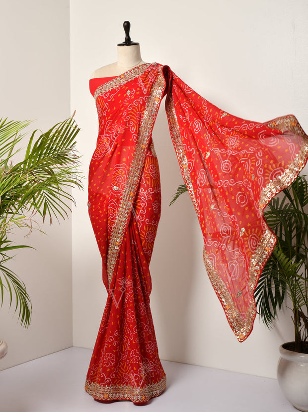 Red Georgette Bandhani Gotta Patti Saree