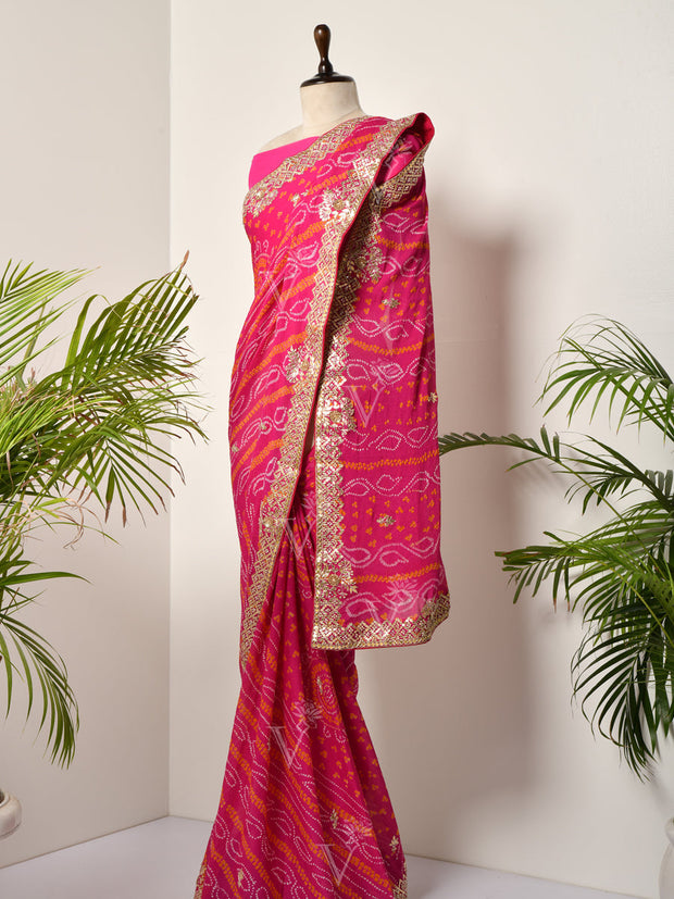 Purple Georgette Bandhani Gotta Patti Saree