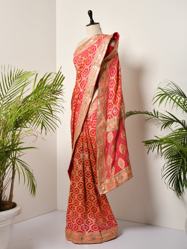 Red And Pink Banarasi Bandhani Gotta Patti Saree