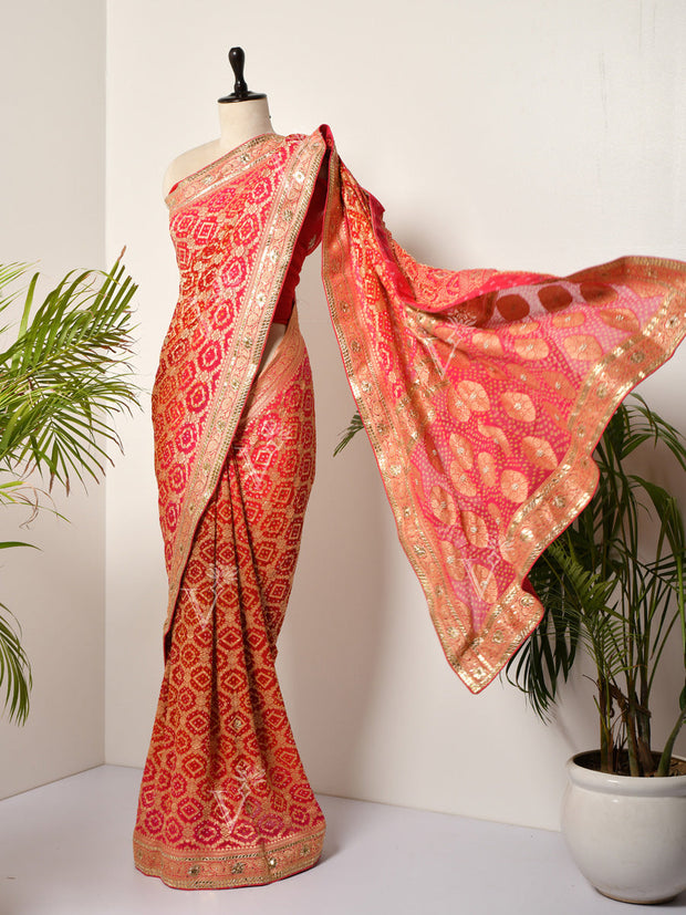 Red And Pink Banarasi Bandhani Gotta Patti Saree