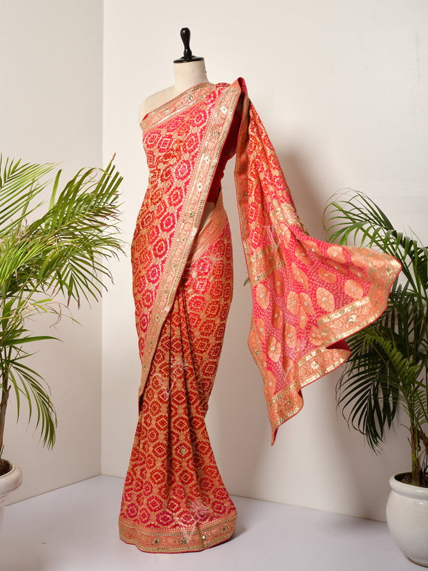 Red And Pink Banarasi Bandhani Gotta Patti Saree