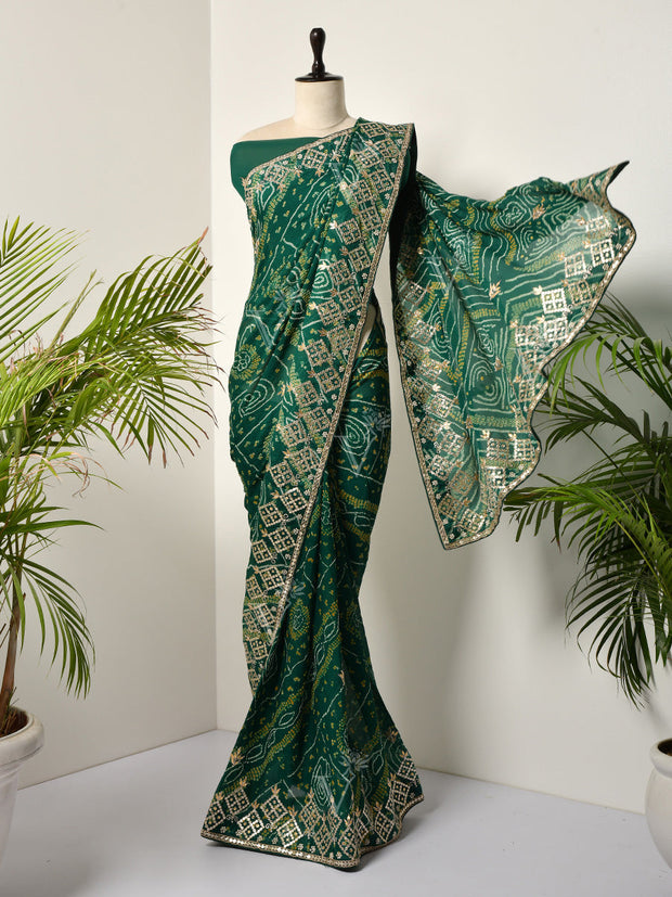 Green Georgette Bandhani Gotta Patti Saree