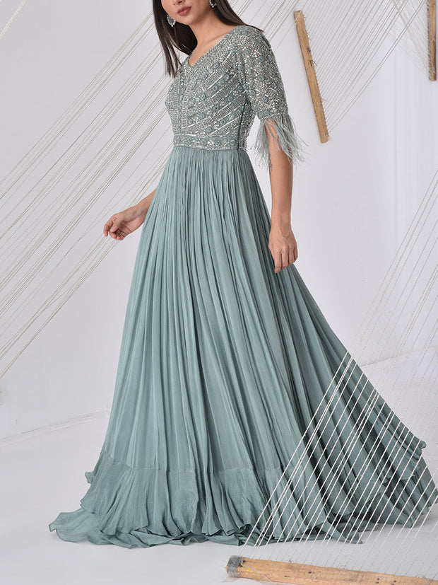 Teal Blue Embroidered Georgette Gown