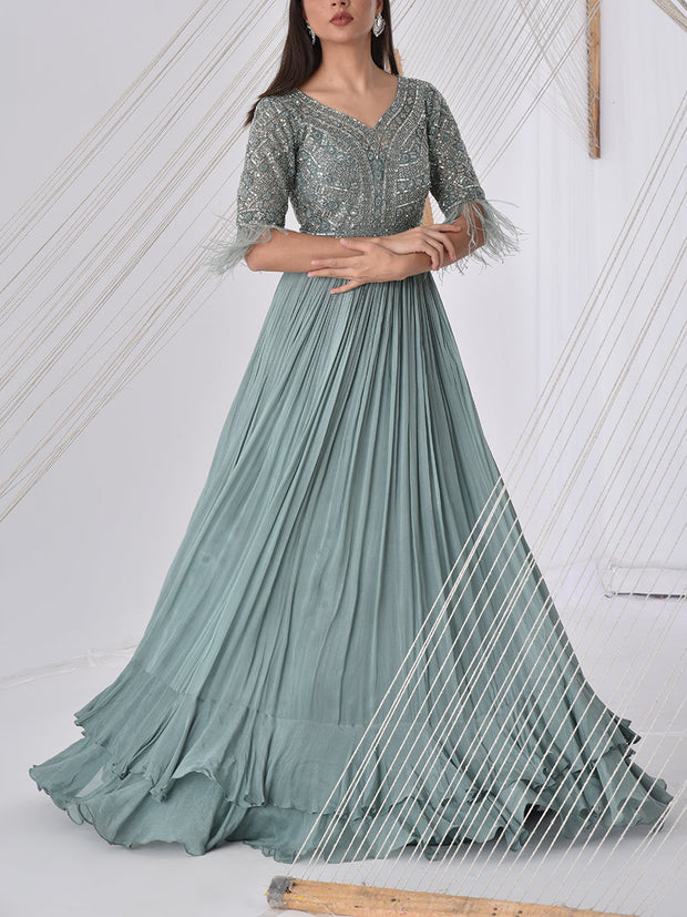 Teal Blue Embroidered Georgette Gown