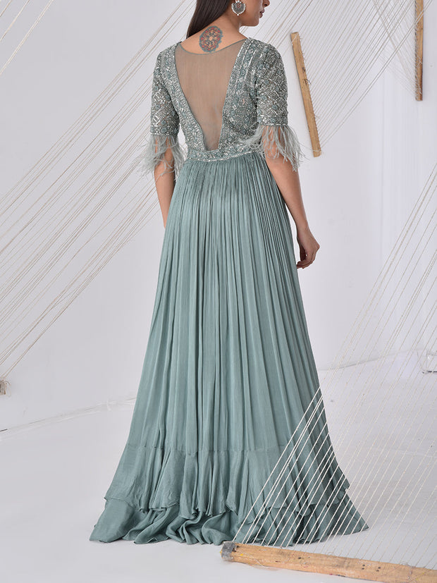 Teal Blue Embroidered Georgette Gown