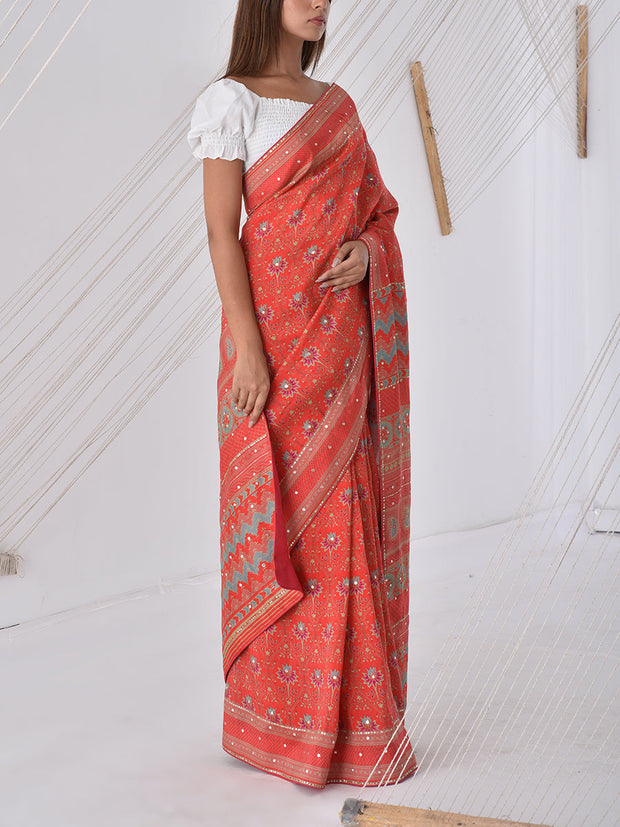 Orange Vasansi Silk Printed Saree