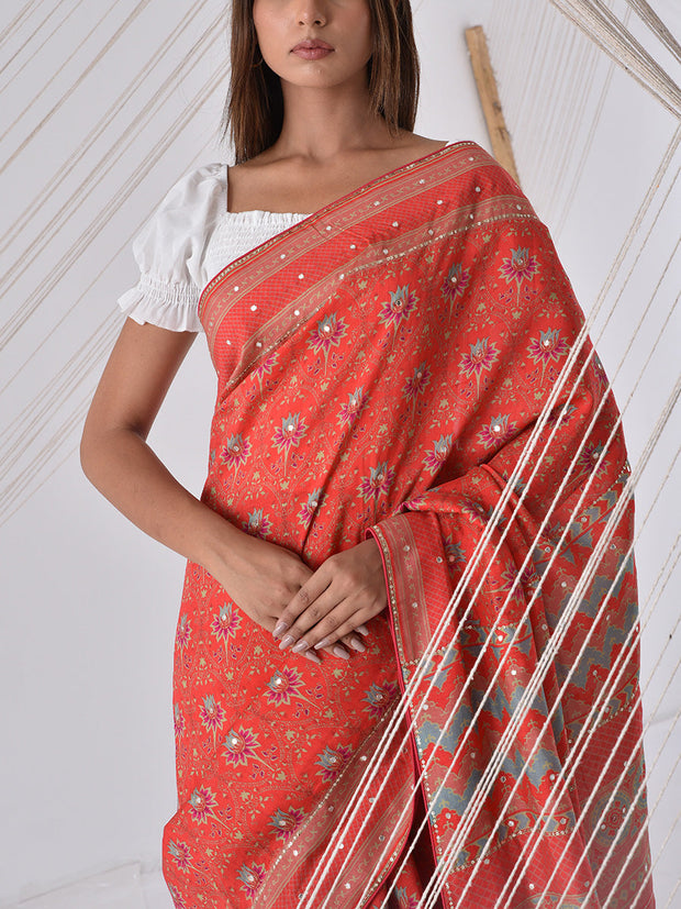 Orange Vasansi Silk Printed Saree