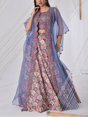 Blue Printed Cape Set