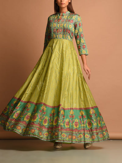 Anarkali, Anarkalis, Gown, Gowns, Printed, Traditional, Traditional wear, Traditional outfit, Anarkali suit, Vasansi silk, Silk gown, Festive wear, MTO, DD28, VKI