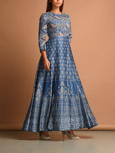 Blue Chanderi Handcrafted Anarkali Gown