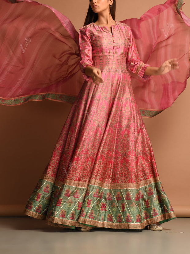 Rose Pink Silk Printed Anarkali Gown