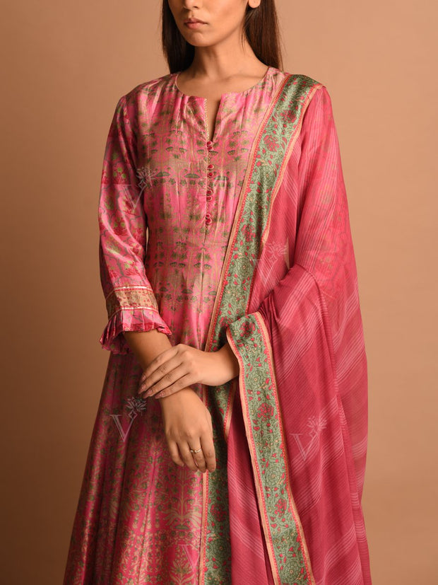 Rose Pink Silk Printed Anarkali Gown