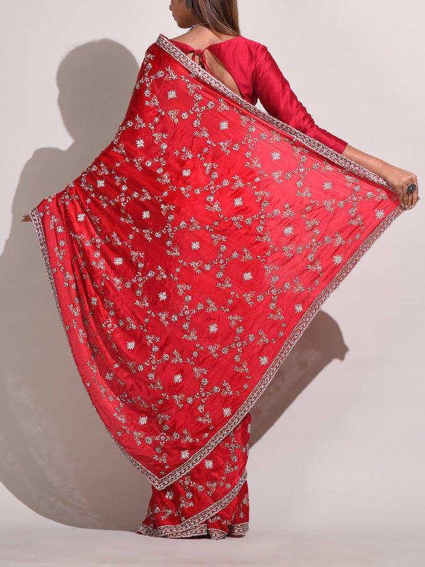 Red Wrinckle Crepe Saree