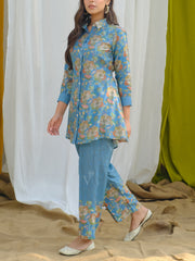 Sky Blue Printed Vasansi Silk Semi-Formal Set