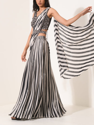 Striped Georgette Pre-Draped Dress