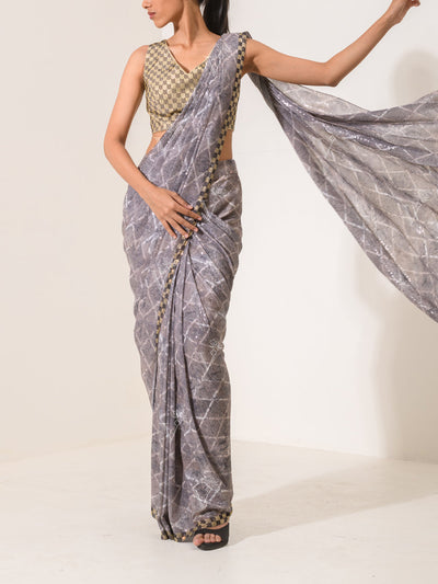 Grey Georgette Pre-Draped Cocktail Saree