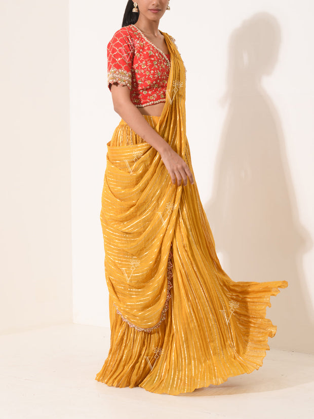 Mustard Yellow Georgette Drape Saree