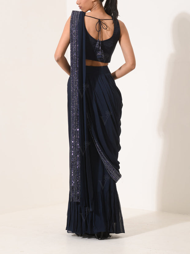 Navy Blue Pre-Draped Cocktail Saree