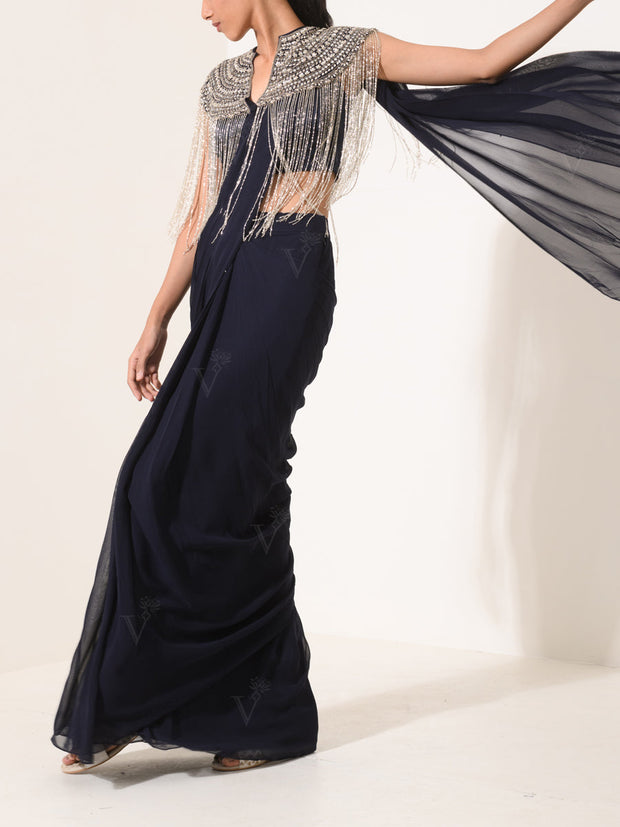 Navy Blue Cape Pre-Draped Cocktail Saree