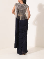 Navy Blue Cape Pre-Draped Cocktail Saree