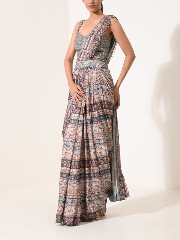 Printed Grey Pre Draped Saree