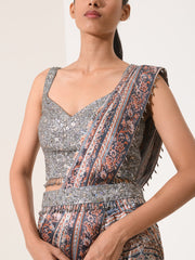 Printed Grey Pre Draped Saree