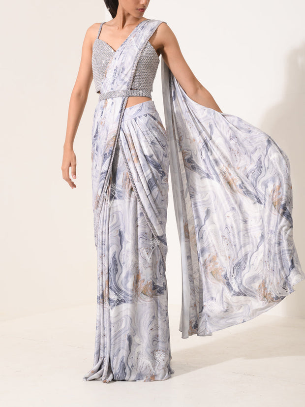 Marble Print Pre-Draped Cocktail Saree