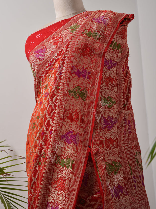 Red And Orange  Bandhani Zari Saree