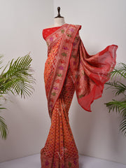 Red And Orange  Bandhani Zari Saree