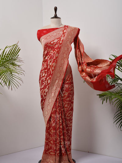 Red  Bandhani Zari Saree