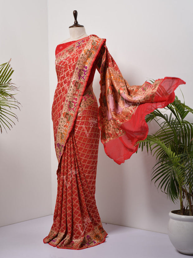 Red  Bandhani Zari Saree