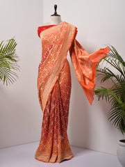 Red And Orange  Bandhani Zari Saree