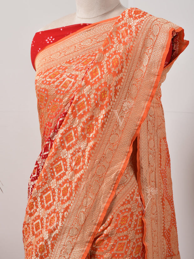 Red And Orange  Bandhani Zari Saree