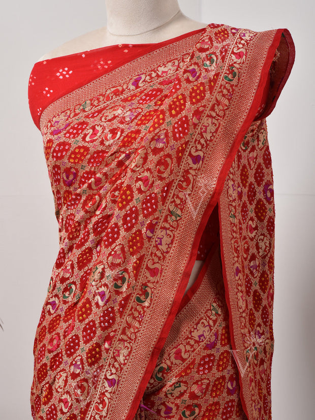 Red  Bandhani Zari Saree