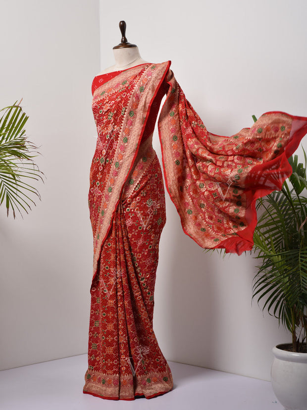 Red  Bandhani Zari Saree