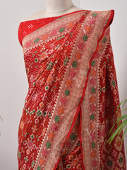 Red  Bandhani Zari Saree