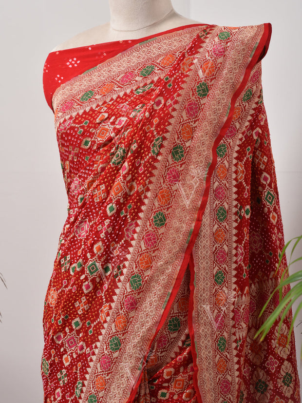 Red  Bandhani Zari Saree