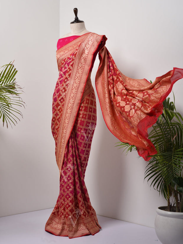 Red And Rani  Bandhani Zari Saree