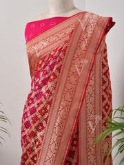 Red And Rani  Bandhani Zari Saree