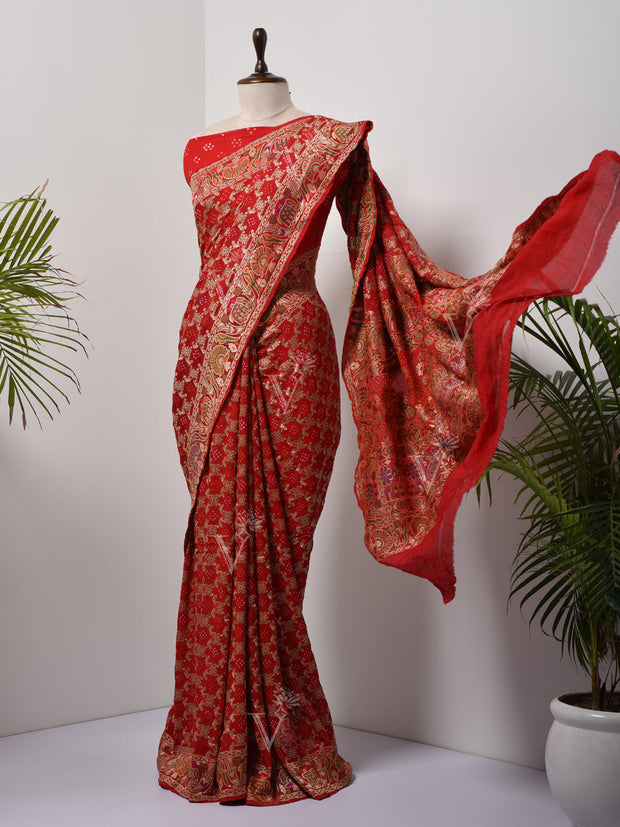 Red  Bandhani Zari Saree