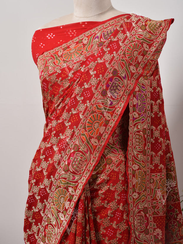 Red  Bandhani Zari Saree