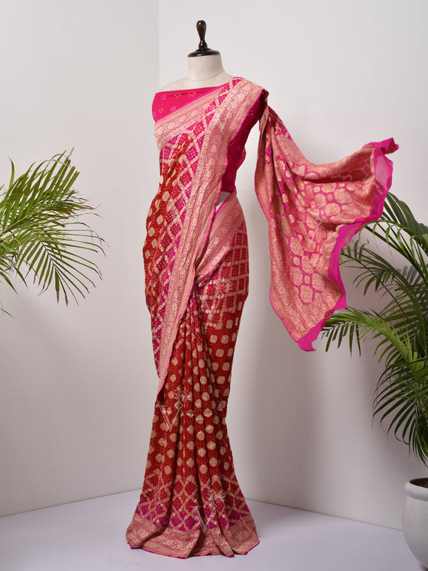 Red And Pink  Bandhani Zari Saree