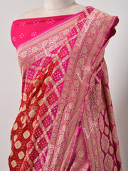 Red And Pink  Bandhani Zari Saree