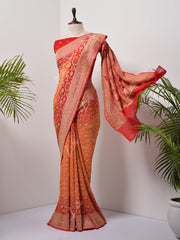 Red And Orange  Bandhani Zari Saree