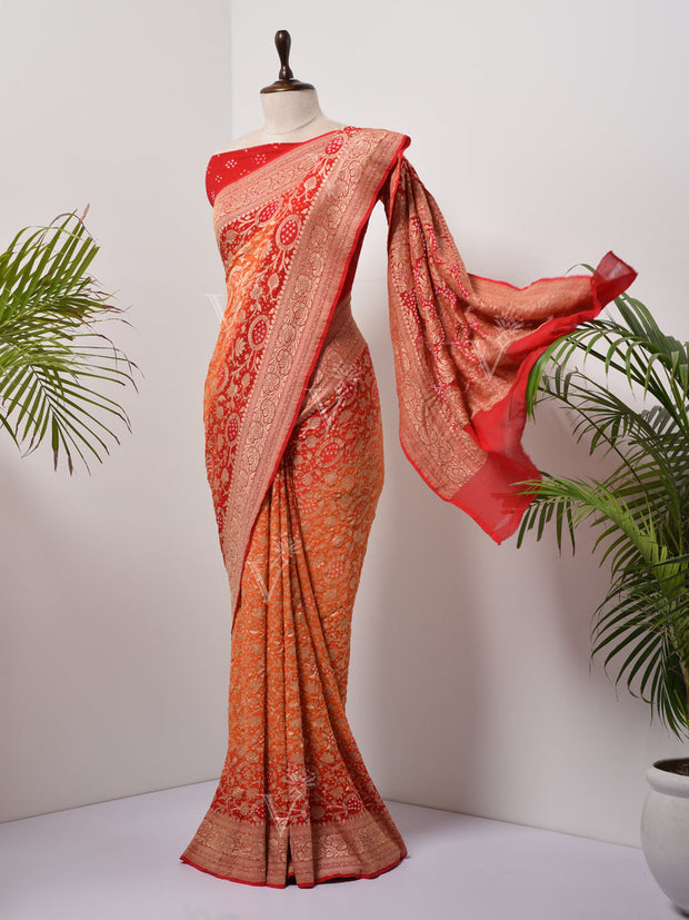 Red And Orange  Bandhani Zari Saree