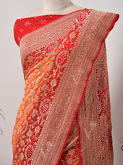 Red And Orange  Bandhani Zari Saree