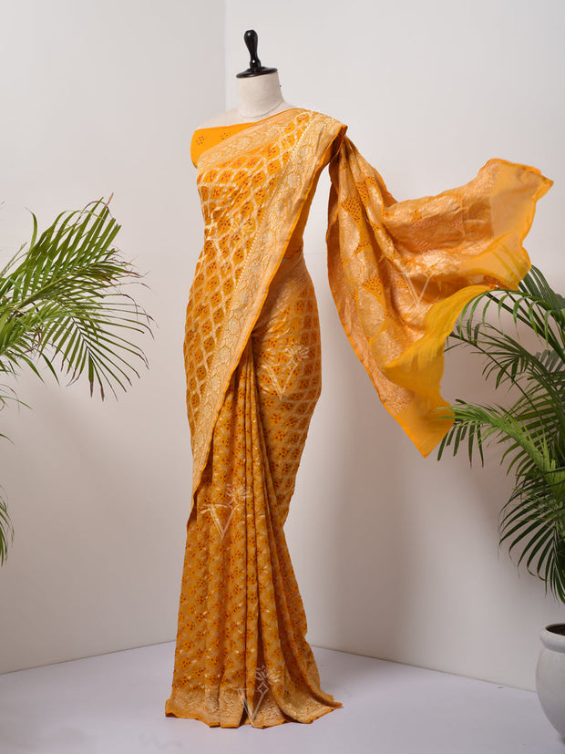 Yellow  Bandhani Zari Saree