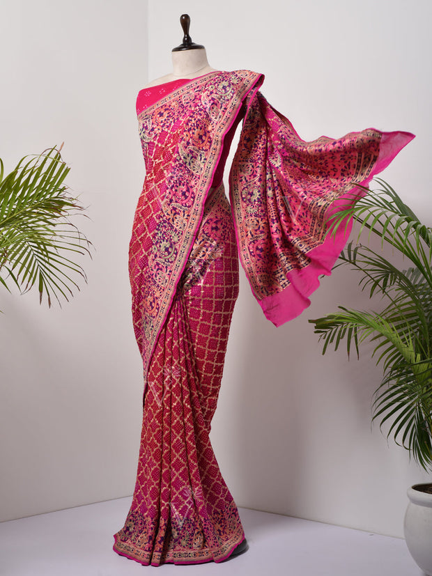 Pink  Bandhani Zari Saree